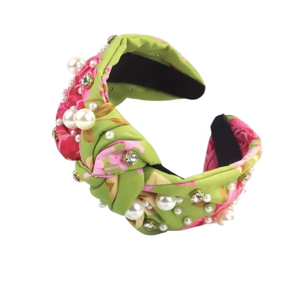 Colorful Floral Wide Brimmed Faux Pearl & Rhinestone Headband - Picture 3 of 5